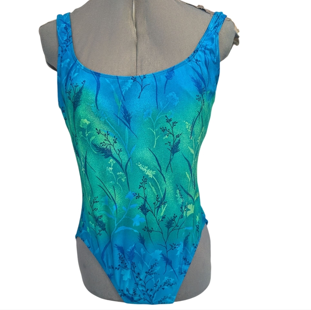 Vintage Women's‎ Blue Green Floral Print Swimsuit Size 12